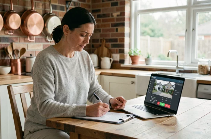 Femme consultant un tableau de bord de sécurité connectée et une checklist de protection pour son bien immobilier