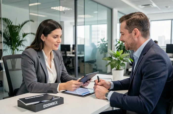 Une femme rencontre un conseiller financier pour discuter d'un prêt personnel auprès d'un prêteur privé dans un bureau professionnel