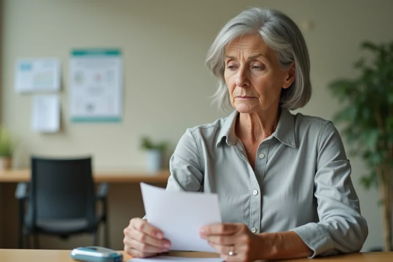Femme d'âge moyen en consultation médicale tenant une brochure sur le diabète, avec un glucomètre posé sur le bureau, illustrant le lien entre diabète et transpiration excessive