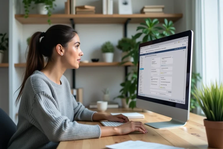 Femme consultant le plan du site Infolocale sur un ordinateur de bureau dans un bureau moderne