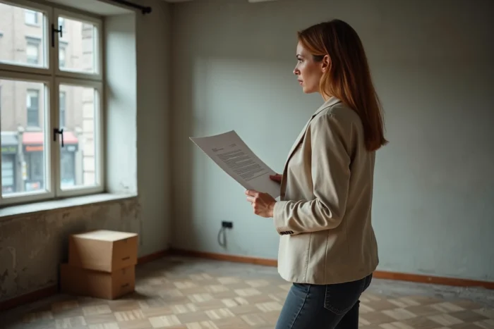 Femme tenant un contrat de location dans un appartement vide aux murs en béton