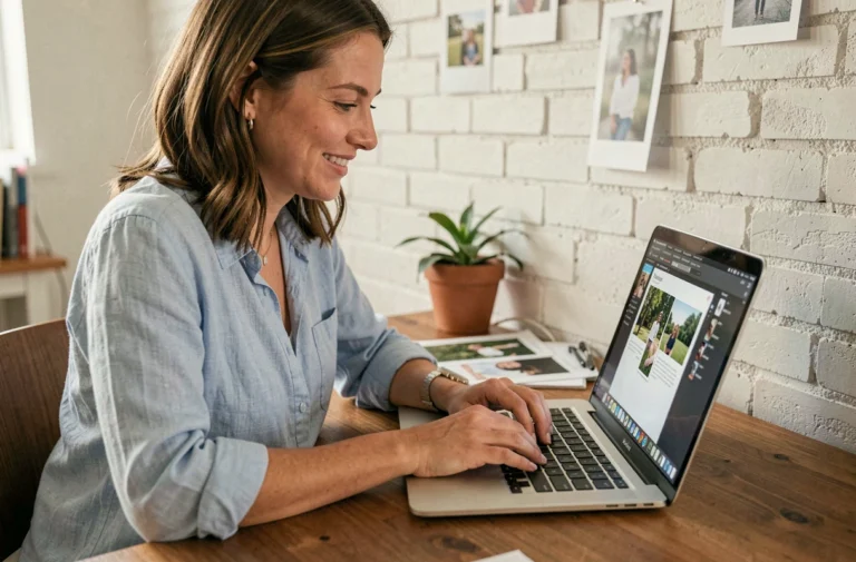 Femme utilisant un ordinateur portable pour personnaliser et envoyer une carte postale en ligne depuis son bureau à domicile