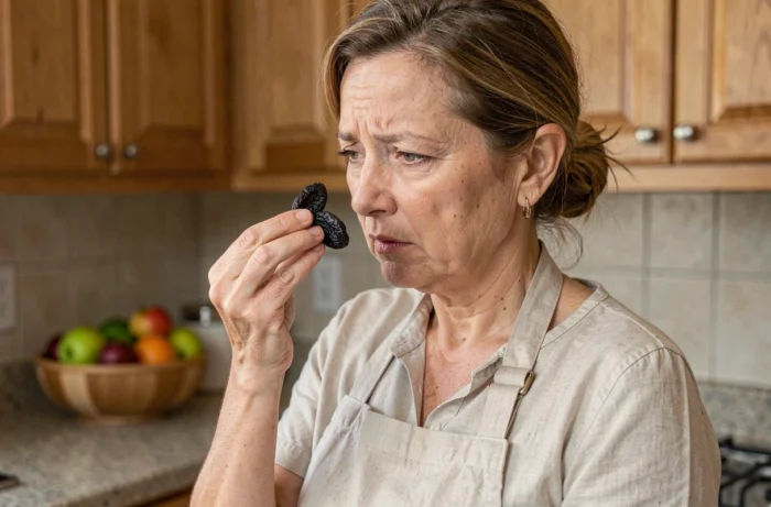 Femme d'âge mûr dans sa cuisine inspectant des pruneaux secs avec une expression interrogative et prudente