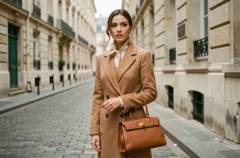Femme élégante en manteau camel avec foulard en soie et sac en cuir structuré dans une rue pavée parisienne