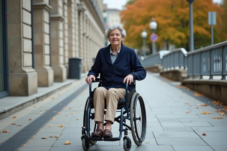 Femme en fauteuil roulant naviguant un trottoir accessible en ville, illustrant la mobilité réduite en France