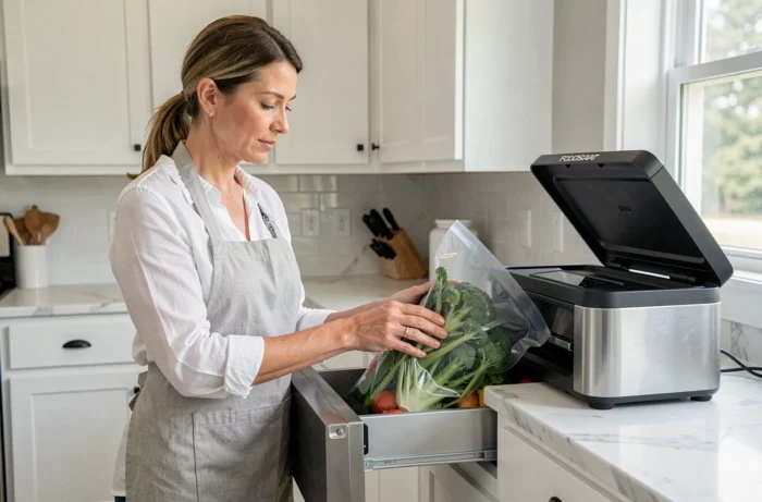 Femme utilisant un appareil FoodSaver pour conserver des légumes frais sous vide dans une cuisine moderne