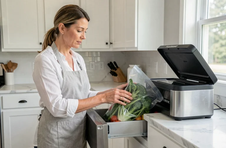 Femme utilisant un appareil FoodSaver pour conserver des légumes frais sous vide dans une cuisine moderne