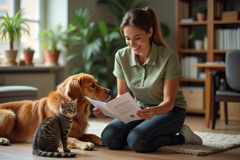 Une femme étudie un programme de formation pet sitter à côté d'un golden retriever et d'un chat tigré dans un bureau à domicile