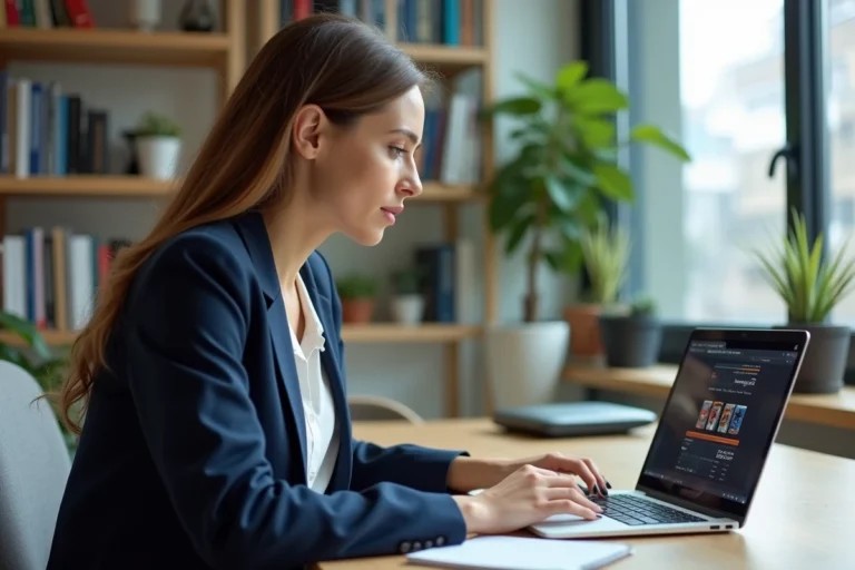 Femme professionnelle suivant une formation en ligne reconnue depuis son bureau à domicile