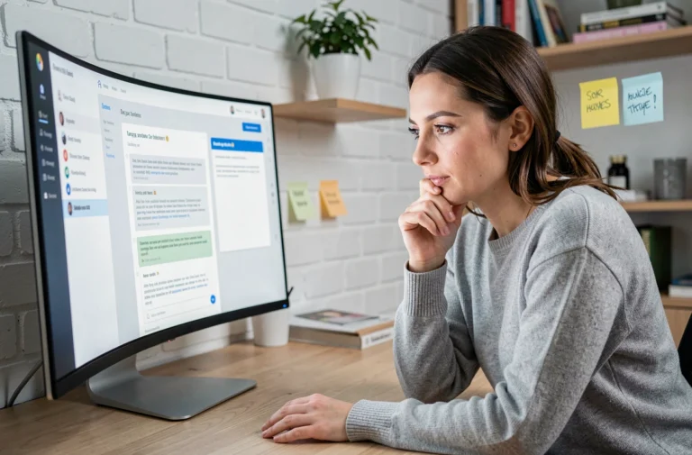 Femme utilisant une interface LLM sur un grand écran incurvé dans un bureau moderne, explorant des astuces de prompts pour optimiser les modèles de langage
