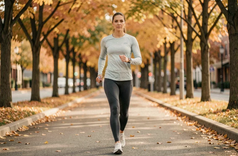 Femme qui marche 100 000 pas sur un chemin urbain avec un compteur de pas au poignet