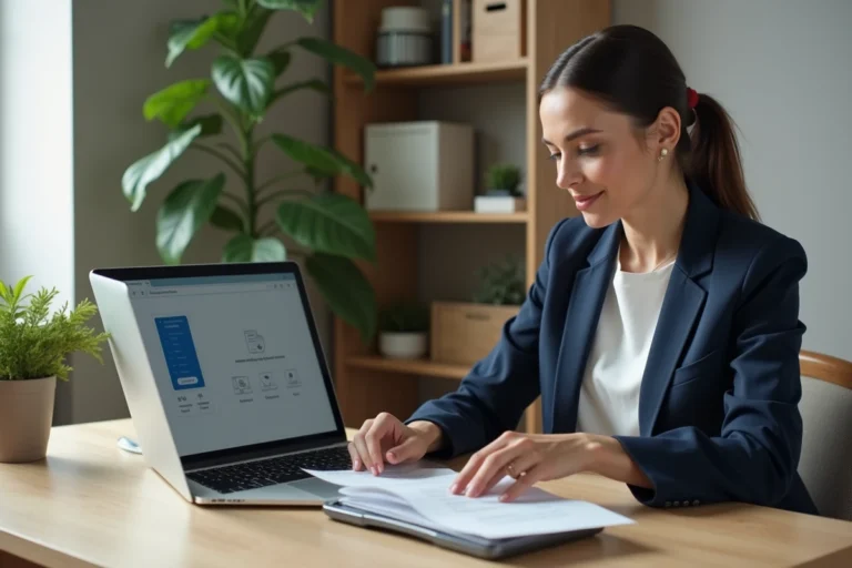 Femme professionnelle numérisant des documents importants vers un coffre-fort numérique sécurisé depuis son bureau à domicile