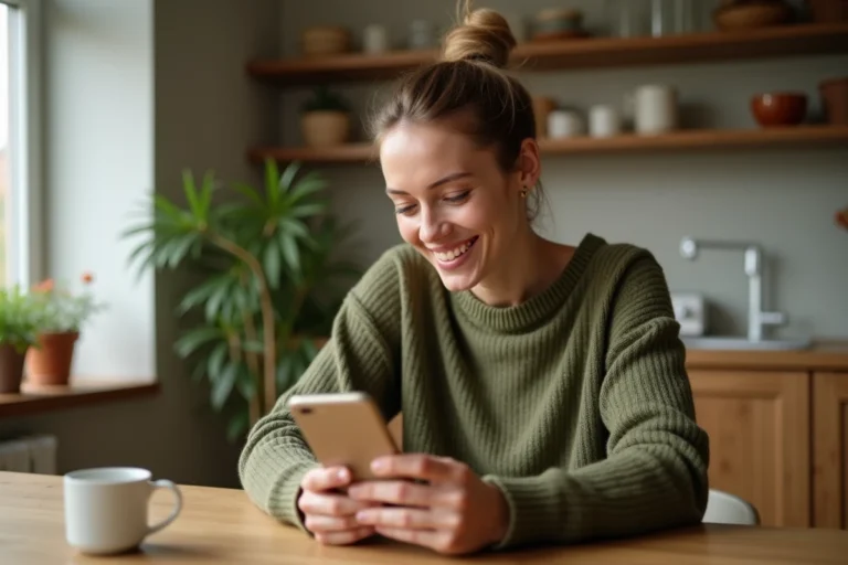 Femme partageant sa position GPS sur smartphone depuis sa cuisine, application de localisation ouverte sur l'écran