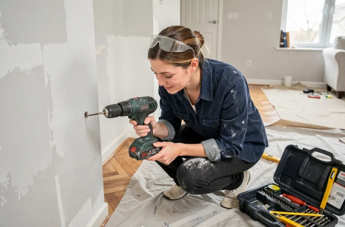 Femme bricolant en perçant un mur intérieur dans un salon en cours de rénovation avec une perceuse sans fil
