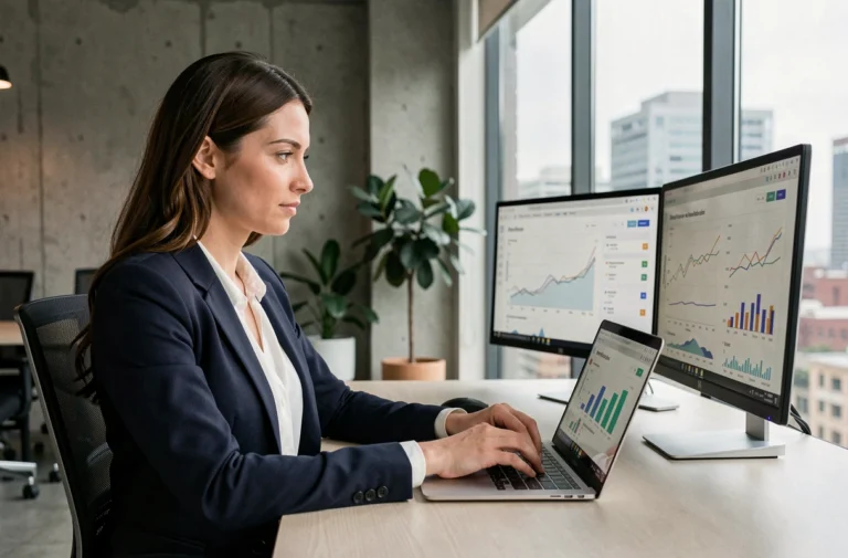 Femme professionnelle analysant des tableaux de bord digitaux sur un ordinateur portable dans un bureau moderne pour booster sa présence en ligne