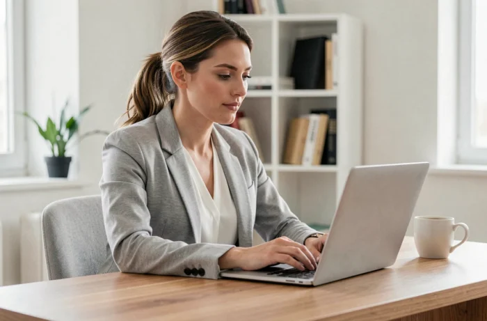 Femme cherchant un emploi en ligne sur son ordinateur portable dans un bureau à domicile moderne