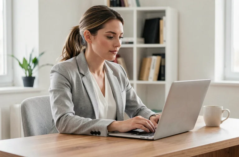 Femme cherchant un emploi en ligne sur son ordinateur portable dans un bureau à domicile moderne