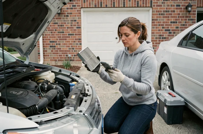 Femme comparant une pièce auto usagée avec une référence trouvée sur smartphone