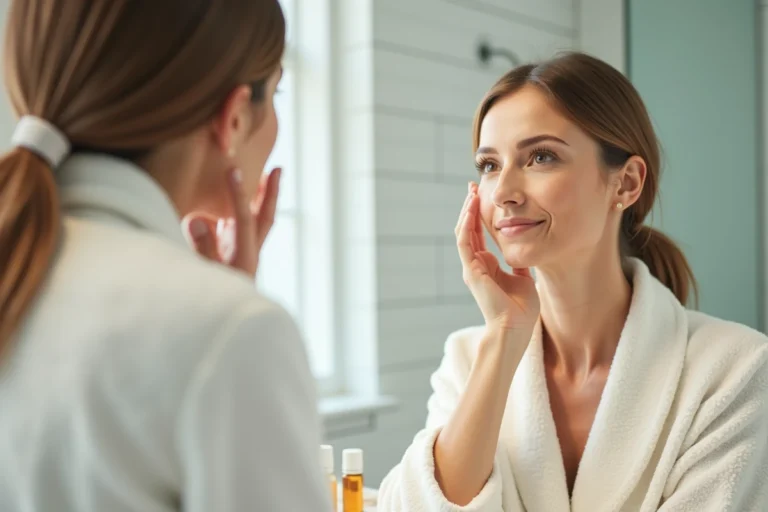 Femme de 45 ans examinant sa peau dans un miroir de salle de bain avec un sérum rétinol posé sur le comptoir