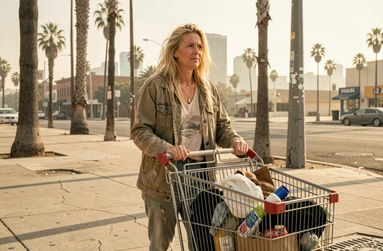 Femme aux cheveux blonds ébouriffés poussant un chariot de supermarché chargé d'affaires personnelles sur un trottoir de Los Angeles, illustrant la vie dans la rue