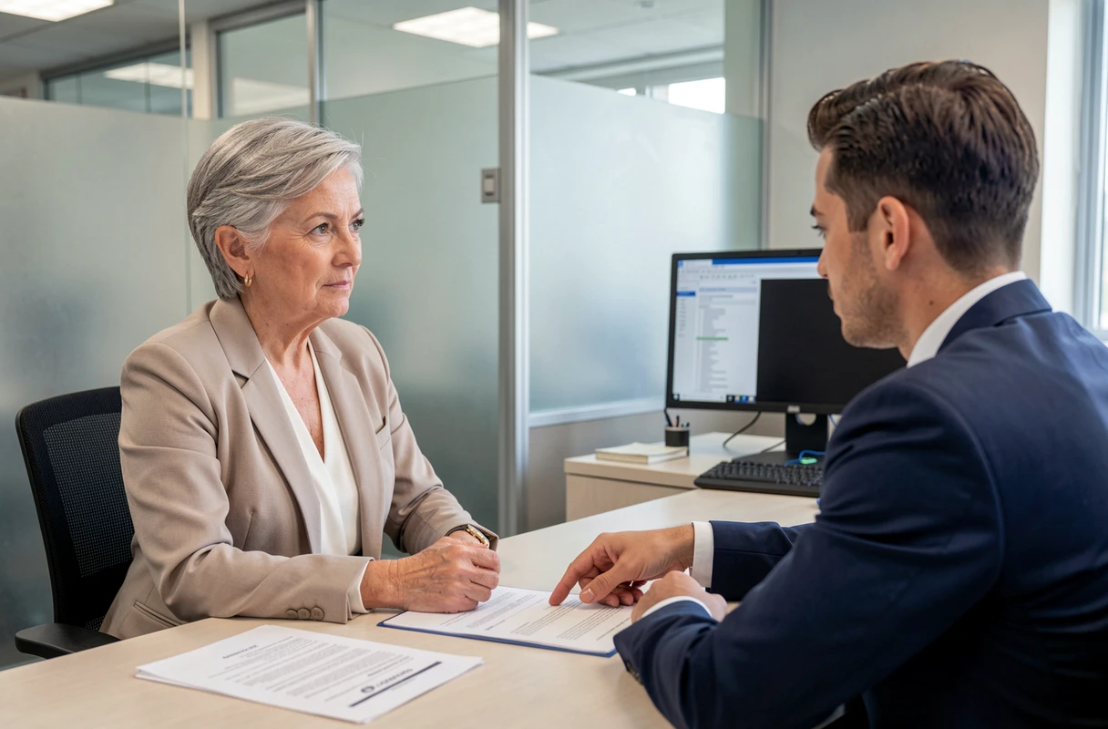 Femme senior en entretien avec un conseiller Pôle emploi pour discuter des conditions de dispense de recherche d'emploi pour les seniors