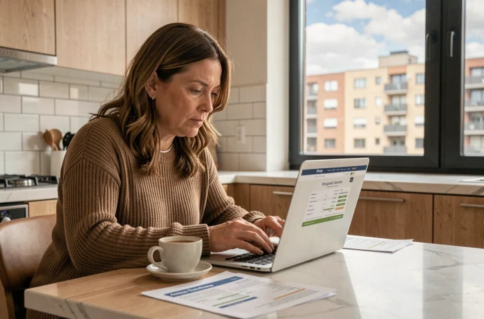 Femme seule comparant des offres de crédit immobilier sur son ordinateur dans une cuisine moderne