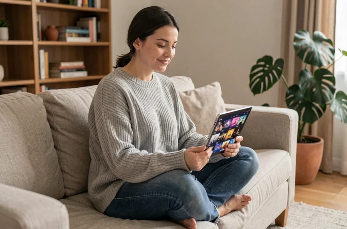 Femme regardant ses programmes TV favoris sur une tablette confortablement installée dans son salon