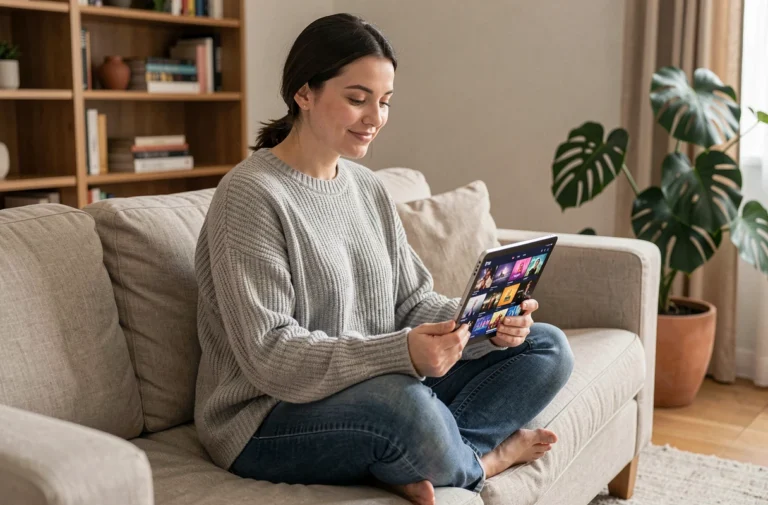 Femme regardant ses programmes TV favoris sur une tablette confortablement installée dans son salon
