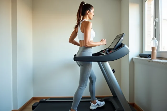 Femme utilisant un tapis de course ISE SY-1005 dans une salle de sport à domicile