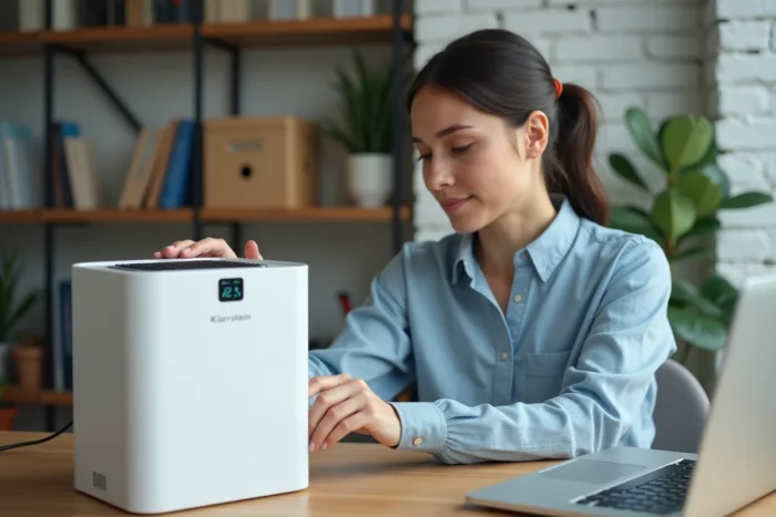 Femme utilisant le climatiseur évaporatif Klarstein Maxfresh 6 L dans un bureau à domicile