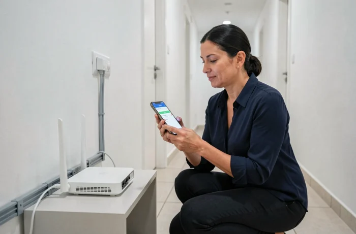 Femme vérifiant les paramètres réseau de son routeur Wi-Fi dans un couloir d'appartement moderne avec son smartphone