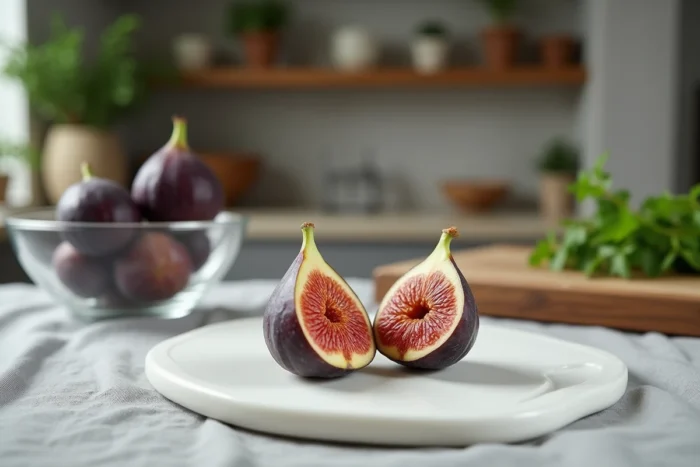 Figues fraîches coupées sur une planche en céramique blanche montrant la chair et les graines, risques d'allergie alimentaire