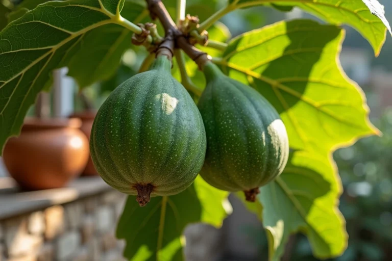 Figuier avec sève laiteuse irritante visible sur une feuille fraîchement cassée dans un jardin méditerranéen