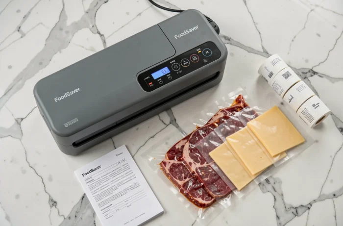 Vue de dessus du FoodSaver FFS005X avec son manuel, des sacs sous vide et des aliments conservés sur un plan de travail en marbre