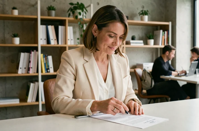 Fondatrice de Leevna analysant des avis clients sur une tablette dans un espace de coworking moderne