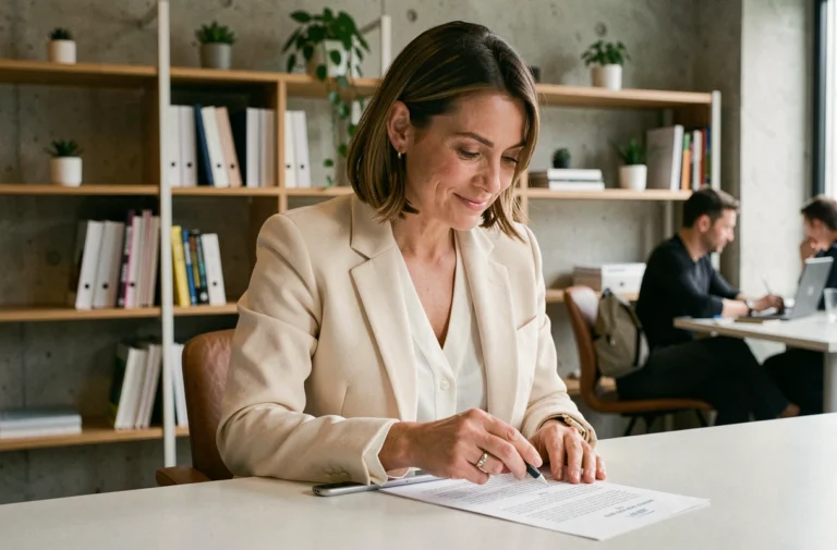 Fondatrice de Leevna analysant des avis clients sur une tablette dans un espace de coworking moderne