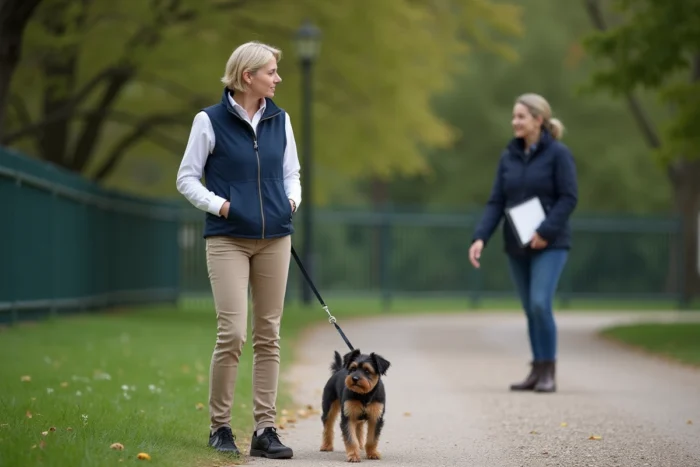 Une femme en formation pet sitter pratique la gestion d'un chien en laisse avec un formateur professionnel dans un parc