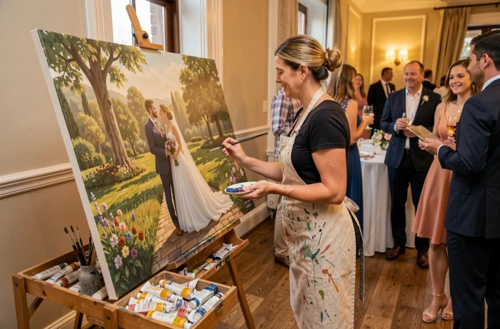Artiste peintre réalisant une fresque en direct lors d'une réception de mariage devant des invités admiratifs