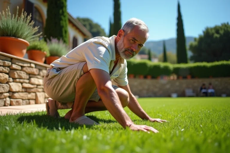 Homme inspectant un gazon de type Bermuda dans un jardin méditerranéen avec terrasse en pierre et plantes aromatiques