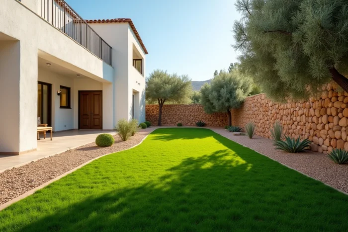 Gazon Zoysia entretenu dans un jardin résidentiel méditerranéen avec mur en pierre sèche et oliviers