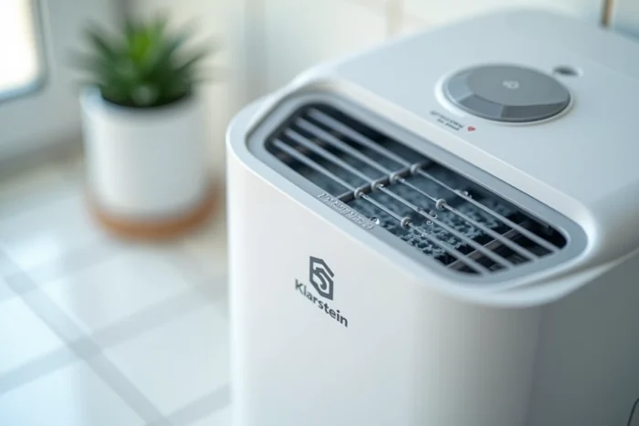 Gros plan sur la grille de ventilation et le réservoir d'eau du Klarstein Maxfresh 6 litres sur un plan de travail blanc