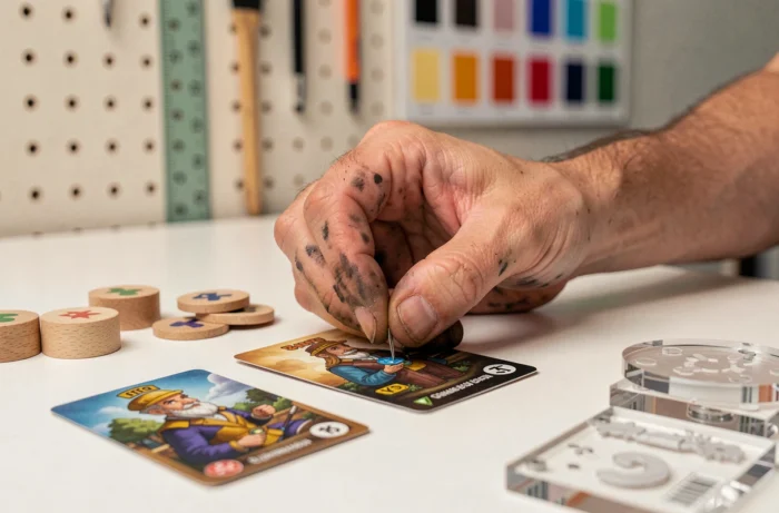 Gros plan sur les mains d'un concepteur arrangeant des pièces de jeu de société artisanales dans un studio français