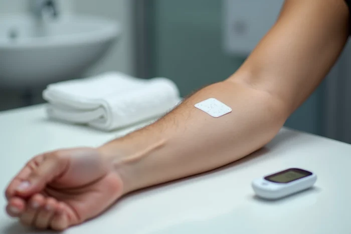 Gros plan sur un avant-bras avec des gouttes de transpiration et un capteur de glucose en continu, illustrant la relation médicale entre diabète et hyperhidrose