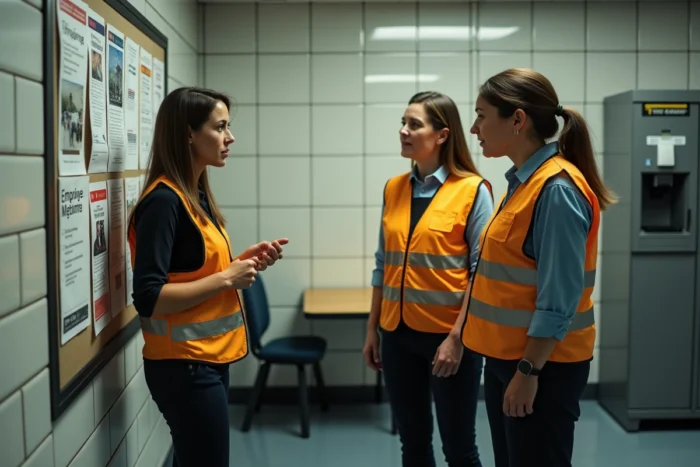 Groupe d'agents RATP consultant les affichages du CE et CSE dans une salle de pause de dépôt de métro