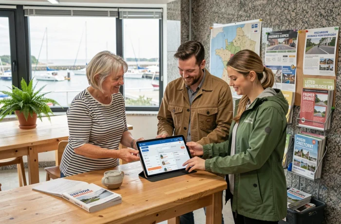 Groupe de chefs d'entreprise bretons collaborant autour d'un annuaire numérique régional dans un espace de coworking avec vue sur le port