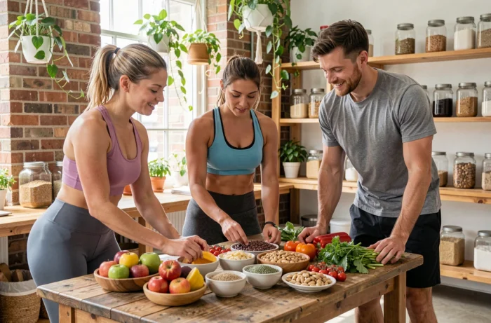 Groupe de sportifs explorant des aliments complets et nutritifs lors d'un atelier sur l'alimentation sportive