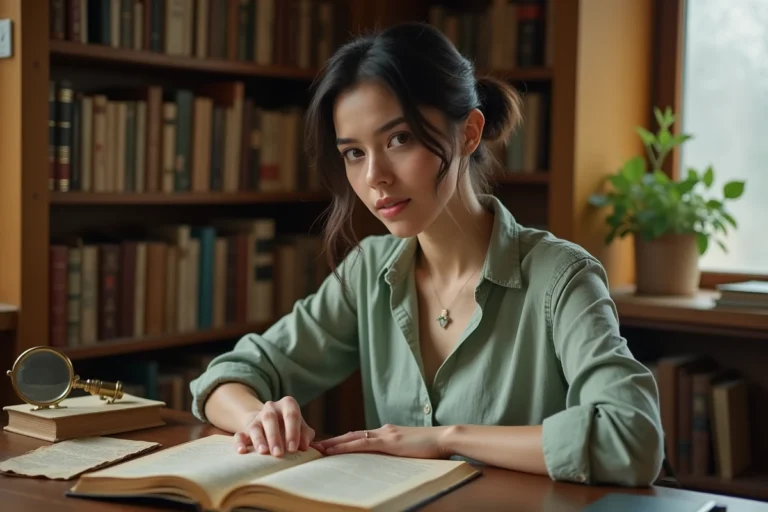 Jeune femme prénommée Sacha explorant l'histoire et l'origine de son prénom dans une bibliothèque vintage remplie de vieux livres