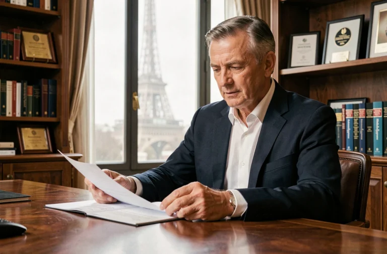 Homme d'affaires franco-américain en costume sombre assis à un bureau parisien élégant avec vue sur la Tour Eiffel