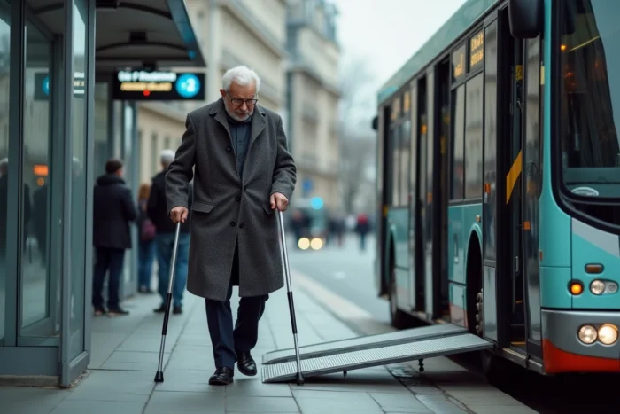 Homme âgé avec béquille montant dans un bus accessible, représentant les enjeux de la mobilité réduite dans les transports publics français