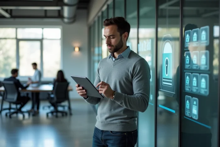 Homme d'affaires consultant son coffre-fort numérique sur tablette dans un espace de travail moderne
